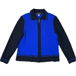 St John Collection Black Blue Colorblock Mock Neck Zip Up Sweater Size 8 USA